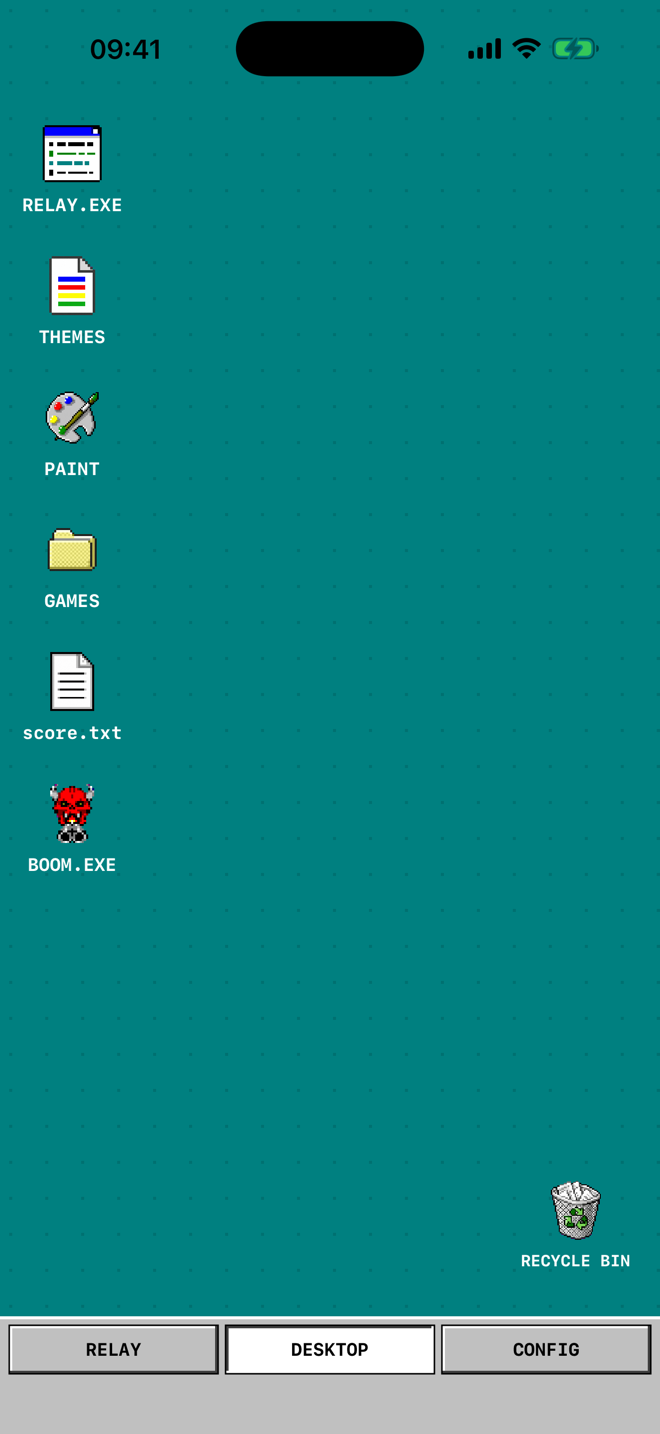 RELAY's teal desktop with program icons and a recycle bin