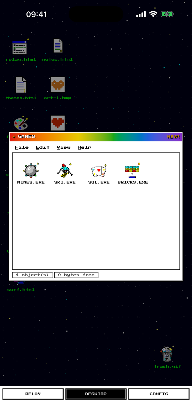 A games folder containing MINES, SKI, SOL and BRICKS