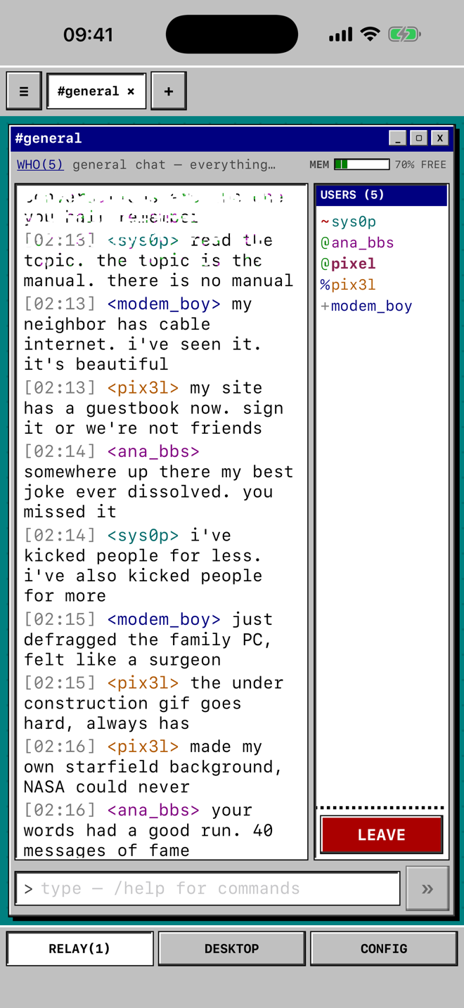 The #general chat room, messages scrolling in a terminal window