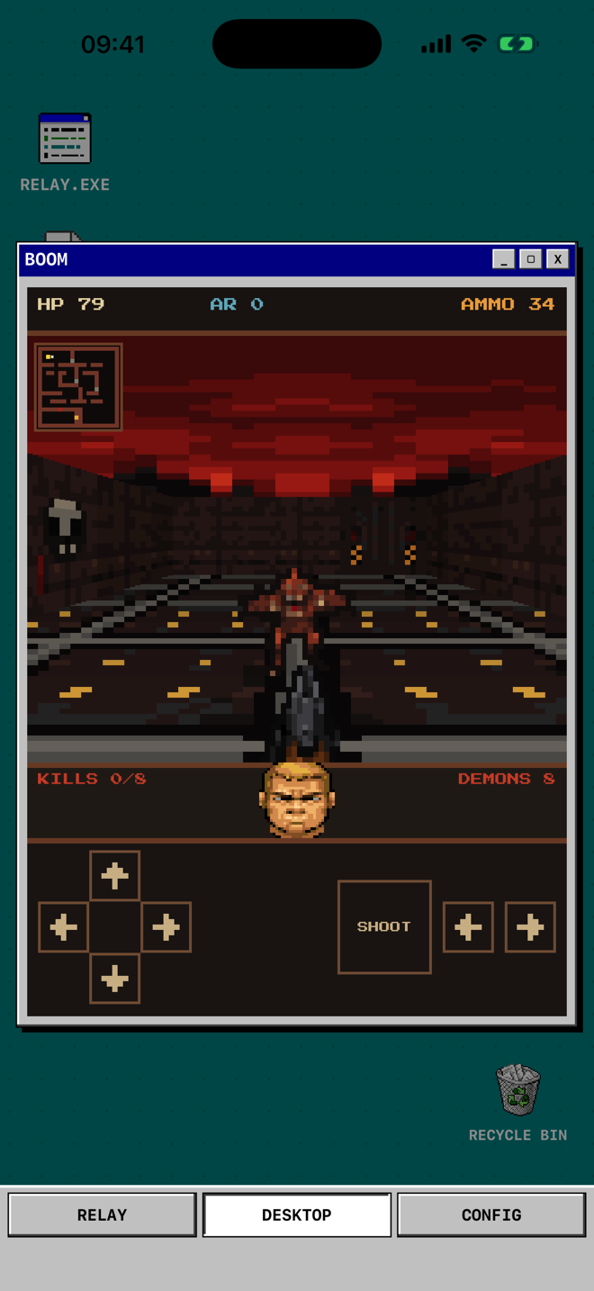 A first-person pixel-art shooter with a demon, minimap and health face