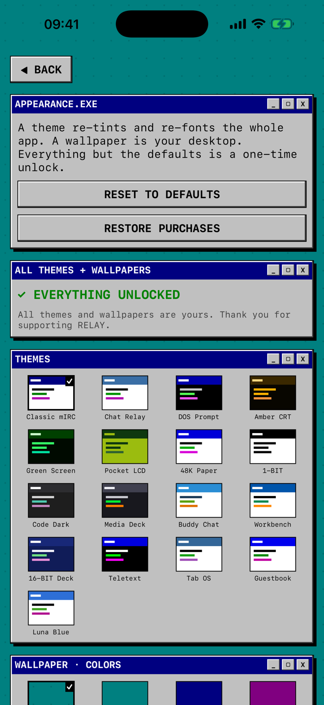 The theme picker showing seventeen named skins